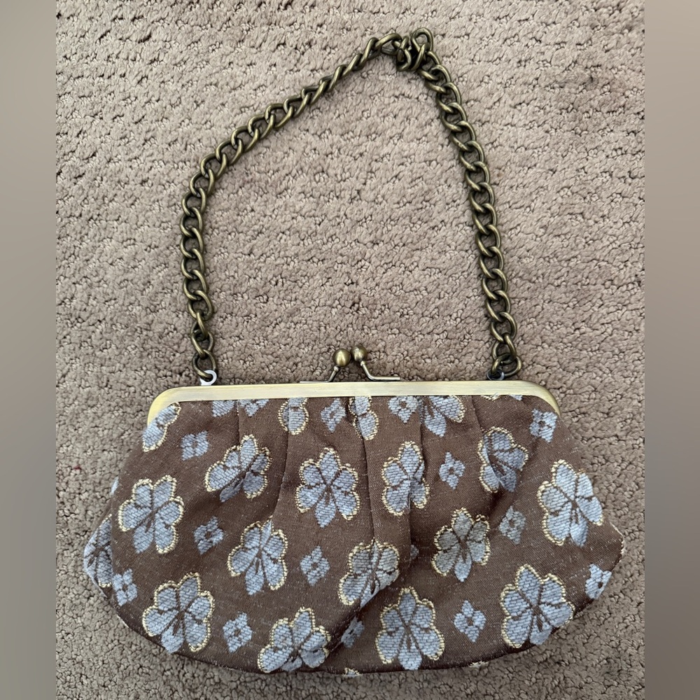 Brown Floral Embroidered Chain-Handle Clutch